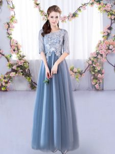 Blue A-line Lace Quinceanera Dama Dress Lace Up Tulle Half Sleeves Floor Length