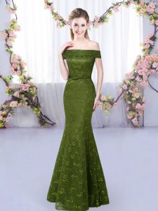 Elegant Olive Green Mermaid Off The Shoulder Sleeveless Lace Floor Length Lace Up Court Dresses for Sweet 16