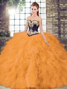 Organza Sweetheart Sleeveless Lace Up Beading and Embroidery 15th Birthday Dress in Orange