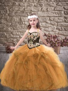 High End Gold Lace Up Kids Formal Wear Embroidery and Ruffles Sleeveless Floor Length