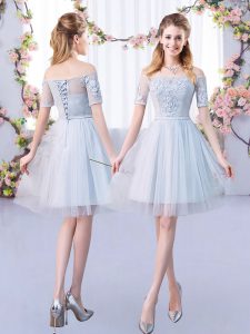 Superior A-line Dama Dress for Quinceanera Grey Off The Shoulder Tulle Short Sleeves Mini Length Lace Up