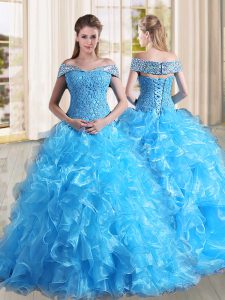 Super Off The Shoulder Sleeveless Ball Gown Prom Dress Sweep Train Beading and Lace and Ruffles Baby Blue Organza