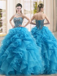 New Arrival Beading and Ruffles Quince Ball Gowns Baby Blue Lace Up Sleeveless Floor Length