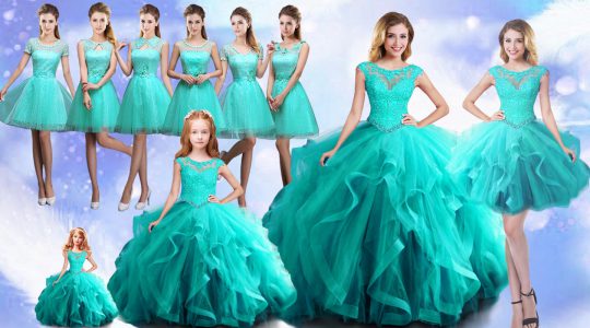 Aqua Blue Cap Sleeves Beading Lace Up Quinceanera Gown