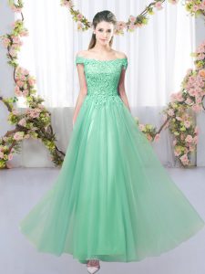 Apple Green Tulle Lace Up Off The Shoulder Sleeveless Floor Length Quinceanera Court of Honor Dress Lace