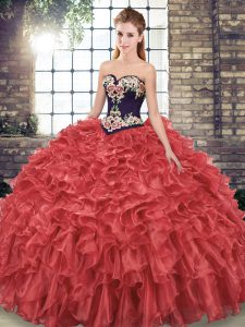 Sexy Red Lace Up Sweet 16 Quinceanera Dress Embroidery and Ruffles Sleeveless Sweep Train