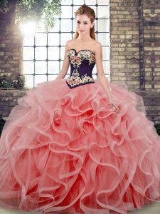 Extravagant Watermelon Red Ball Gown Prom Dress Tulle Sweep Train Sleeveless Embroidery and Ruffles