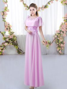 Exquisite Lilac Short Sleeves Floor Length Appliques Zipper Vestidos de Damas