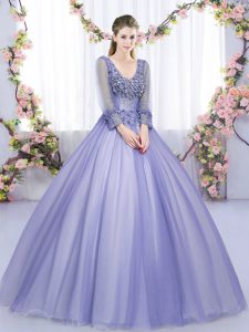 Long Sleeves Tulle Floor Length Lace Up Sweet 16 Dresses in Lavender with Lace and Appliques