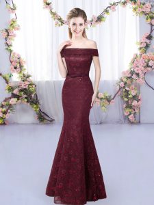 Comfortable Burgundy Mermaid Off The Shoulder Sleeveless Floor Length Lace Up Lace Dama Dress for Quinceanera