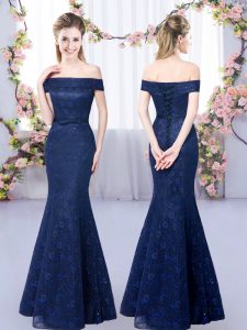 Off The Shoulder Sleeveless Lace Up Dama Dress for Quinceanera Navy Blue