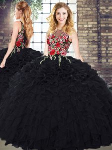 Inexpensive Organza Scoop Sleeveless Zipper Embroidery and Ruffles Sweet 16 Dress in Black