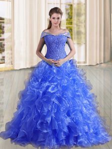 Beading and Lace and Ruffles 15 Quinceanera Dress Blue Lace Up Sleeveless Sweep Train