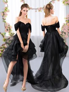 Low Price Lace and Ruffled Layers Vestidos de Damas Black Lace Up Short Sleeves High Low