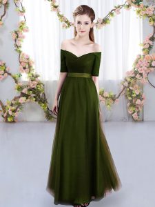 Olive Green Empire Tulle Off The Shoulder Short Sleeves Ruching Floor Length Lace Up Court Dresses for Sweet 16