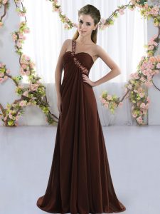 Unique Brown Lace Up One Shoulder Beading Vestidos de Damas Chiffon Sleeveless Brush Train