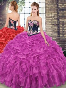 Sweetheart Sleeveless Quince Ball Gowns Sweep Train Embroidery and Ruffles Fuchsia Organza