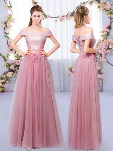 Traditional Pink Sleeveless Floor Length Appliques Lace Up Vestidos de Damas