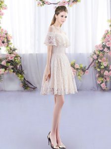 Suitable Off The Shoulder Short Sleeves Lace Up Lace Quinceanera Dama Dress in Champagne