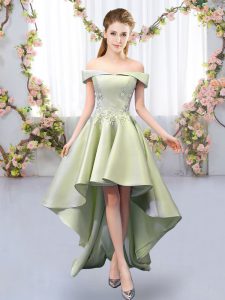 Most Popular A-line Quinceanera Court of Honor Dress Yellow Green Off The Shoulder Satin Sleeveless High Low Lace Up