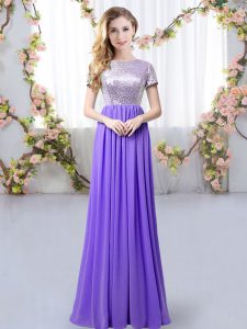 Fantastic Short Sleeves Zipper Floor Length Sequins Dama Dress for Quinceanera