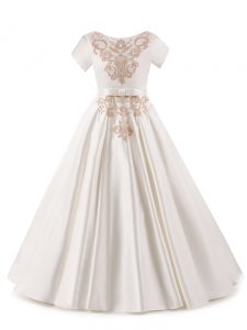 Cheap Floor Length Zipper Little Girls Pageant Gowns White for Wedding Party with Appliques