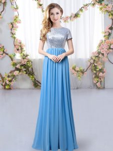 Blue Chiffon Zipper Quinceanera Court of Honor Dress Short Sleeves Floor Length Sequins