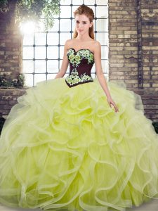 Lovely Lace Up Sweet 16 Dress Yellow Green for Military Ball and Sweet 16 and Quinceanera with Embroidery and Ruffles Sweep Train