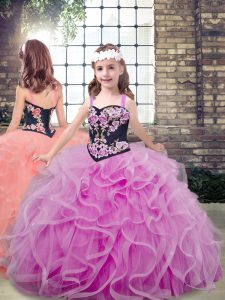 Superior Lilac Tulle Lace Up Straps Sleeveless Floor Length Pageant Dress Toddler Embroidery and Ruffles