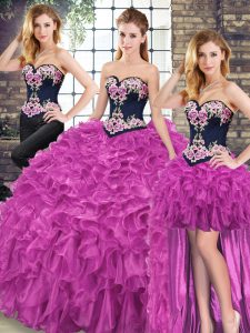 Fuchsia Ball Gowns Sweetheart Sleeveless Organza Sweep Train Lace Up Embroidery and Ruffles 15th Birthday Dress