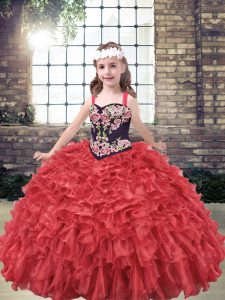 Most Popular Red Organza Lace Up Little Girls Pageant Dress Sleeveless Floor Length Embroidery and Ruffles