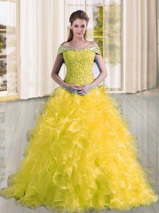 New Arrival A-line Sleeveless Yellow Quince Ball Gowns Sweep Train Lace Up