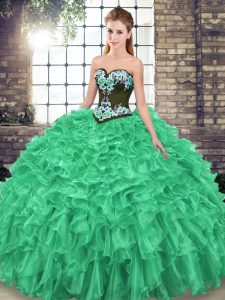 Green Quinceanera Dresses Military Ball and Sweet 16 and Quinceanera with Embroidery and Ruffles Sweetheart Sleeveless Sweep Train Lace Up