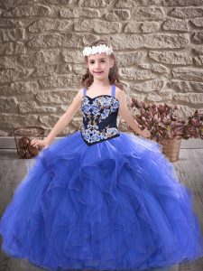 Royal Blue Straps Neckline Embroidery and Ruffles Pageant Dress Sleeveless Lace Up