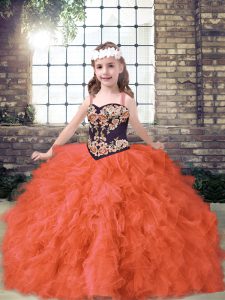 Most Popular Floor Length Orange Red Pageant Dresses Straps Sleeveless Lace Up