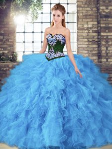 Baby Blue Ball Gowns Sweetheart Sleeveless Tulle Floor Length Lace Up Beading and Embroidery Quinceanera Dress