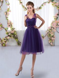 Stylish Purple Sleeveless Appliques Knee Length Quinceanera Dama Dress
