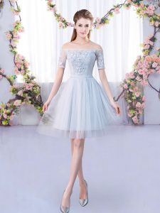 On Sale Tulle Off The Shoulder Short Sleeves Lace Up Lace Dama Dress for Quinceanera in Grey