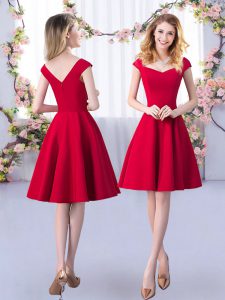 Red Straps Neckline Ruching Dama Dress Cap Sleeves Zipper
