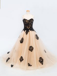 Simple Peach Pageant Dress Tulle Brush Train Sleeveless Appliques