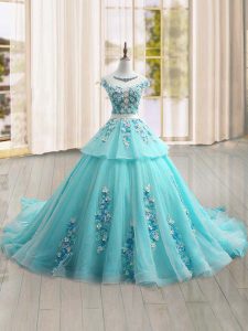 Aqua Blue Cap Sleeves Tulle Brush Train Lace Up Quinceanera Dresses for Military Ball and Sweet 16 and Quinceanera