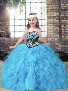 Baby Blue Straps Lace Up Embroidery and Ruffles Pageant Dresses Sleeveless