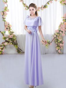 Clearance Lavender Chiffon Zipper Scoop Short Sleeves Floor Length Dama Dress for Quinceanera Appliques