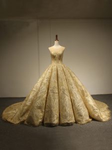 Scoop Sleeveless 15th Birthday Dress Brush Train Sequins Gold