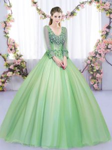 Elegant Green V-neck Neckline Lace and Appliques Quince Ball Gowns Long Sleeves Lace Up