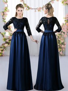 Fashionable Navy Blue 3 4 Length Sleeve Satin Zipper Court Dresses for Sweet 16 for Prom and Party and Wedding Party