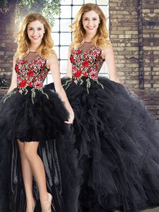 Cheap Black Sleeveless Embroidery and Ruffles Floor Length Sweet 16 Dress