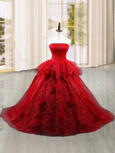 Attractive Ball Gowns Sleeveless Wine Red Vestidos de Quinceanera Brush Train Lace Up