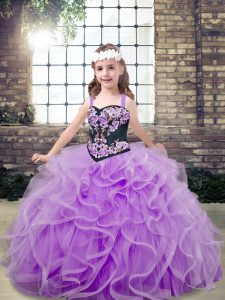 Luxurious Lavender Lace Up Straps Embroidery and Ruffles Little Girl Pageant Gowns Tulle Sleeveless