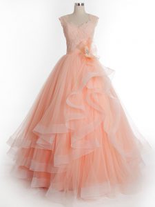 Delicate Peach A-line Ruffles Quinceanera Gown Lace Up Tulle Sleeveless Floor Length